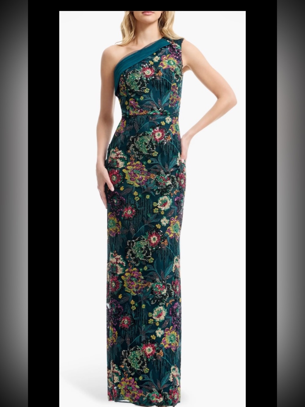 Dress the Population Teal Floral One-Shoulder Embroidered Maxi Dress